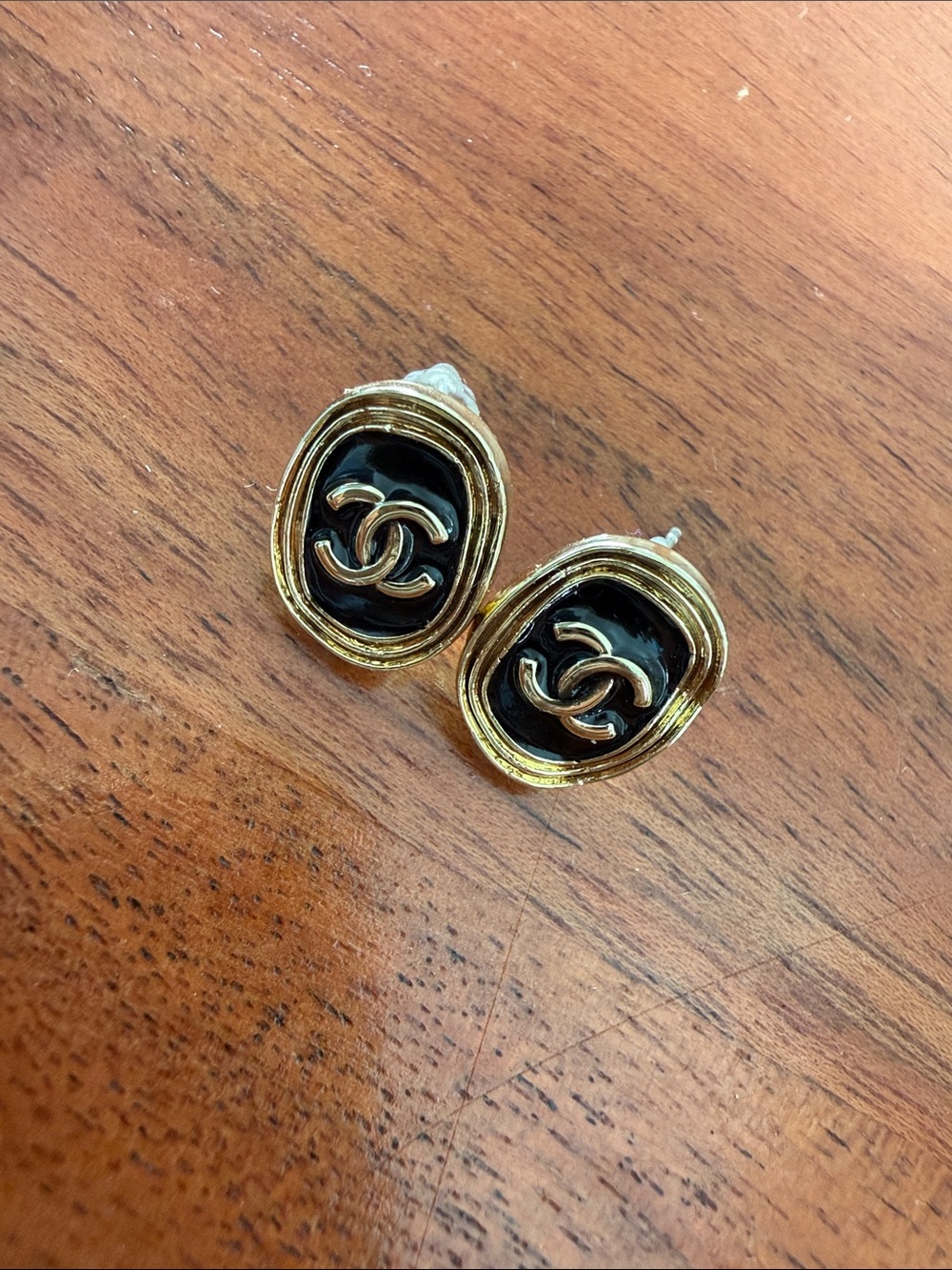 Black & Gold CC Oval Stud Earrings